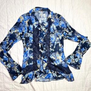 Free People Sheer‎ Floral Lace Ruffle Blouse (Size S)